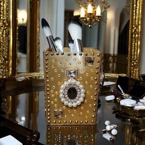 Makeup Brush Acrylic Holder Cup Organizer Gold Fancy Custom Bling Rhinestones